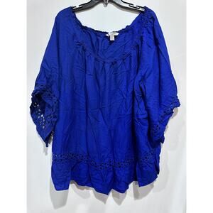 Khakis & Co Shirt Womens Plus 3X Blue Boho Peasant Crochet Trim Rayon Tunic Top